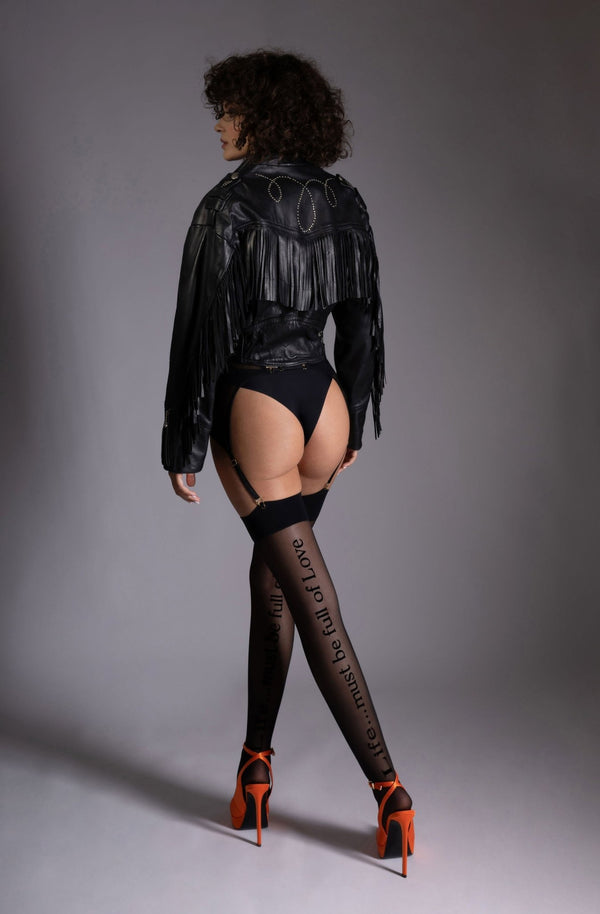 Garter Stockings with Velvet Print – Bold Statement - luxury by Orgasm Fashion, designed in Germany