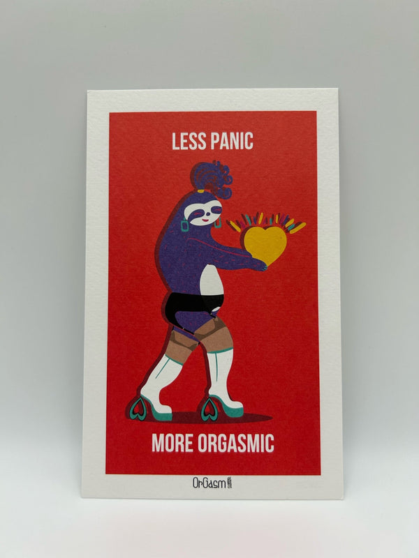 Greeting Card “Less Panic More Orgasmic!” with hosiery-inspired design – luxury card by OrGasm Fashion, designed in Germany.